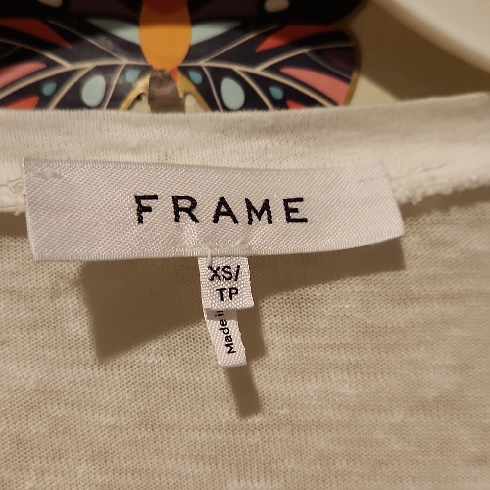 ❤ FRAME DENIM LINEN LONG SLEEVE RUFFLE TOP IN BLANC / WHITE, XS - Picture 4 of 7